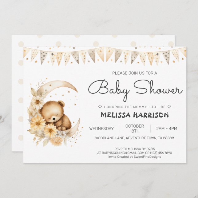 Cute Teddy Bear Baby Boy Shower Invitation (Front/Back)