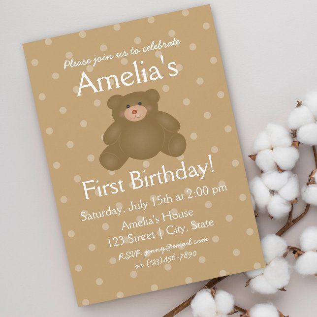 Cute Teddy Bear Baby First Birthday Invitation (Creator Uploaded)