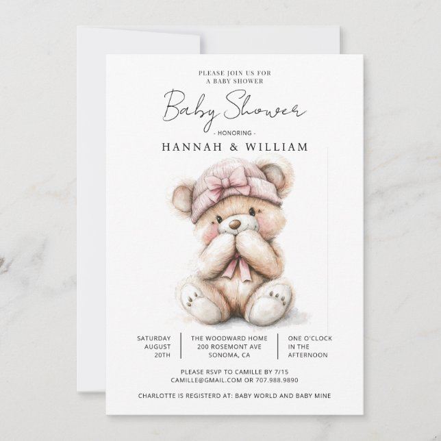 Cute Teddy Bear Baby Girl Baby Shower Invitation (Front)