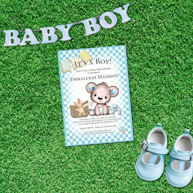 Cute Teddy Bear Baby Picnic Blue Baby Shower Invitation (Creator Uploaded)