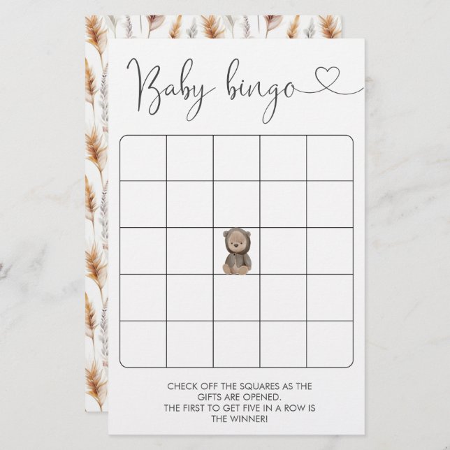 Cute Teddy Bear Baby Shower  Bingo Game (Front/Back)