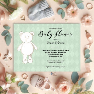 Cute Teddy Bear Baby Shower   Neutral Green Argyle