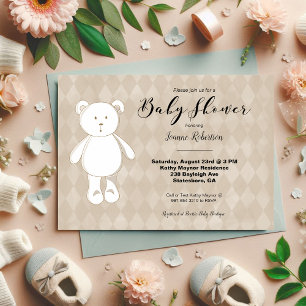Cute Teddy Bear Baby Shower Neutral Tan Argyle