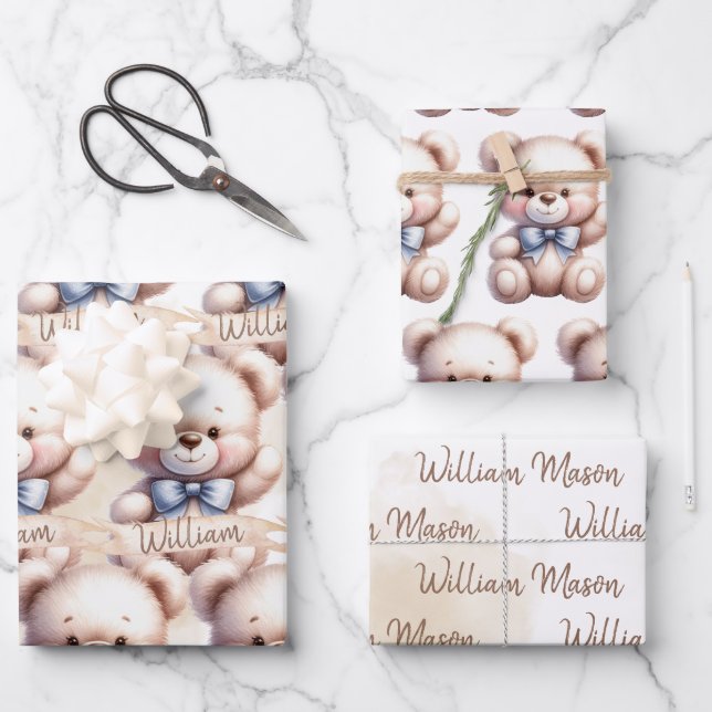 Cute Teddy Bear Baby Shower Watercolor Wrapping Paper Sheet (Front)