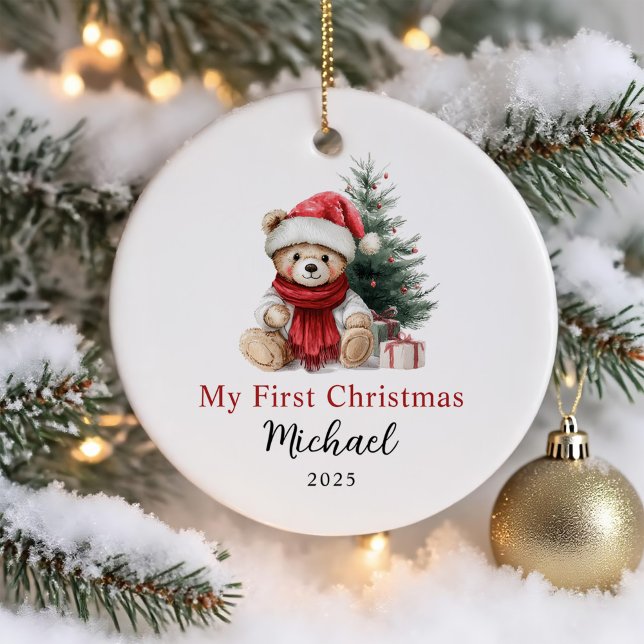 Cute Teddy Bear Baby's First Christmas Ceramic Ornament (Creator Uploaded)
