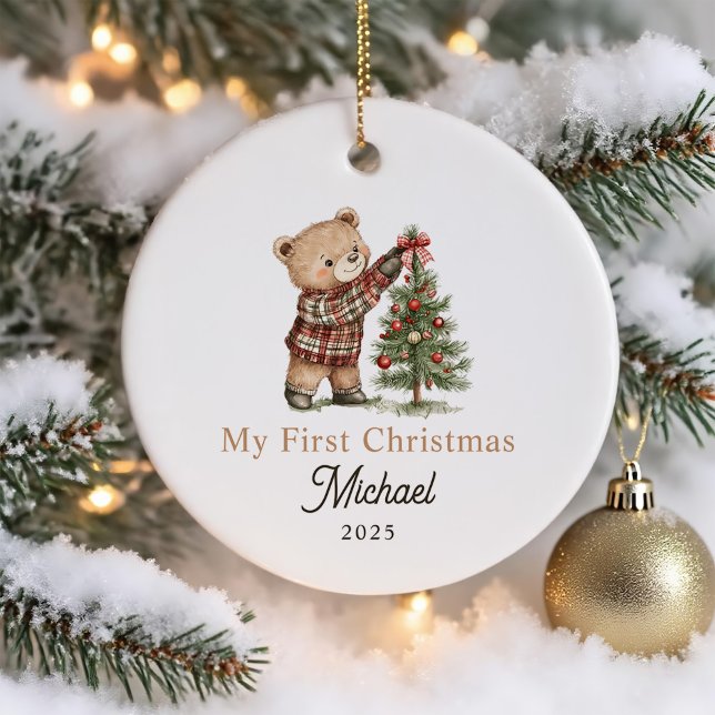 Cute Teddy Bear Baby's First Christmas Ceramic Ornament (Creator Uploaded)