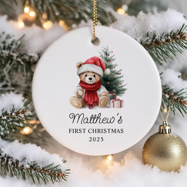 Cute Teddy Bear Baby's First Christmas Ceramic Ornament (Creator Uploaded)