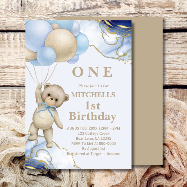 Cute Teddy Bear Balloon Abstract Blue Gold  Invitation (Creator Uploaded)