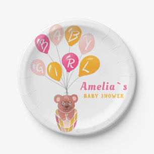 Cute Teddy Bear Balloon Baby Girl Baby Shower Paper Plate
