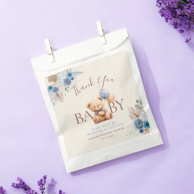 Cute Teddy Bear Balloon Boho Blue Rose Baby Shower Favour Bag (Creator Uploaded)