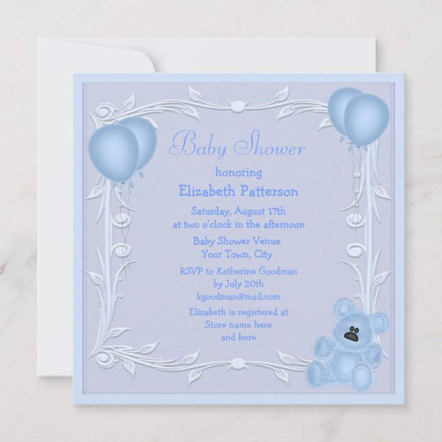 Cute Teddy Bear & Balloons Blue Baby Shower Invite (Front)