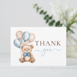 Cute Teddy Bear Balloons   Blue Boy Baby Shower Thank You Card