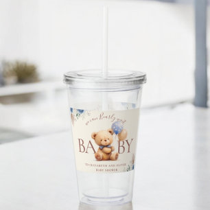 Cute Teddy Bear Balloons Boho Blue Rose Floral Acrylic Tumbler
