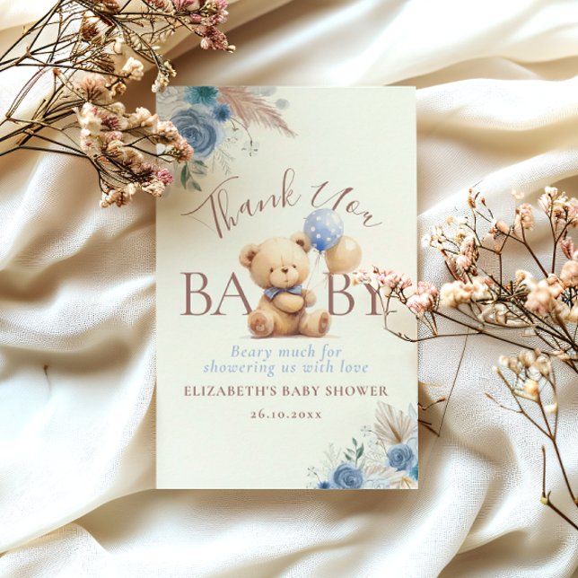 Cute Teddy Bear Balloons Boho Blue Rose Floral Thank You Card (Creator Uploaded)