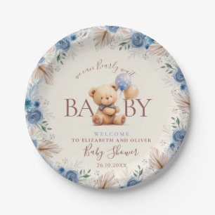 Cute Teddy Bear Balloons Boho Blue Rose Flower Paper Plate