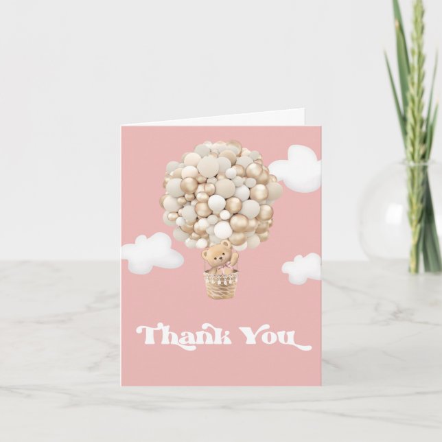 Cute Teddy Bear Balloons Girl Baby Shower  Thank You Card (Front)