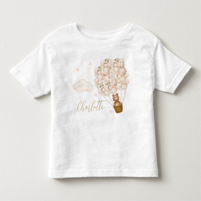 Cute Teddy Bear Balloons Gold Script Toddler T-Shirt (Front)