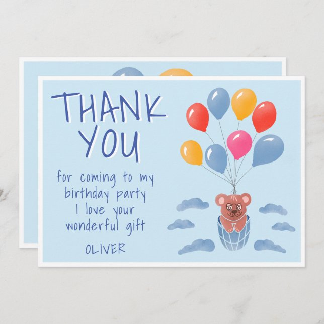 Cute Teddy Bear Balloons Kids Birthday Thank You Card (Front/Back)