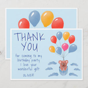 Cute Teddy Bear Balloons Kids Birthday Thank You Card