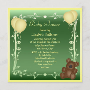 Cute Teddy Bear & Balloons Neutral Baby Shower Invitation