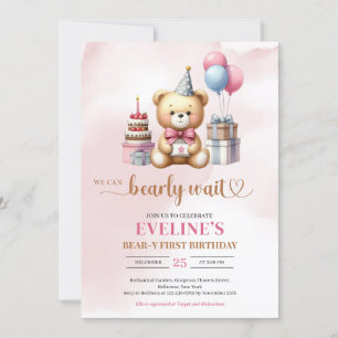 Cute teddy bear Bear-y girl first birthday invite