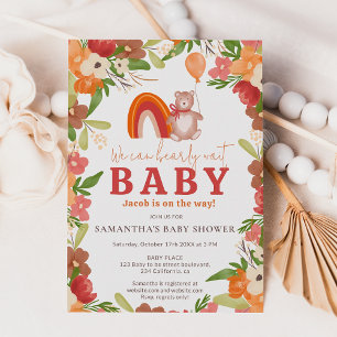 Cute teddy bear bearly wait rainbow baby shower invitation