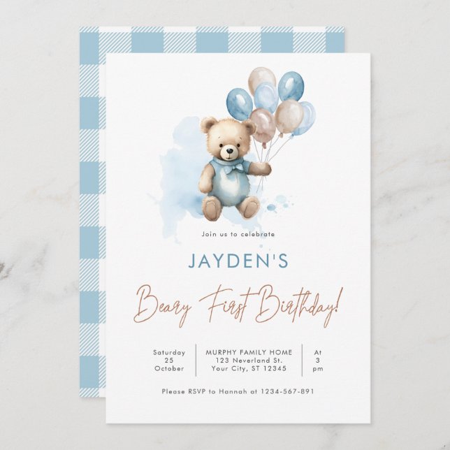 Cute Teddy Bear Beary First Birthday Blue Balloon Invitation (Front/Back)