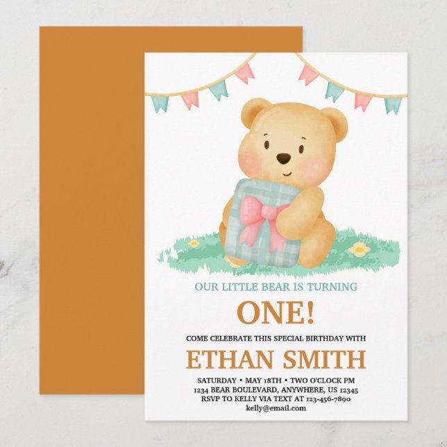 Cute Teddy Bear Birthday Party Invitation (Front/Back)