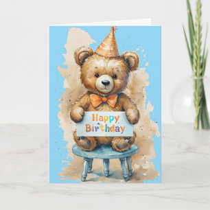 Cute Teddy Bear Birthday Wishes Watercolor Art Card
