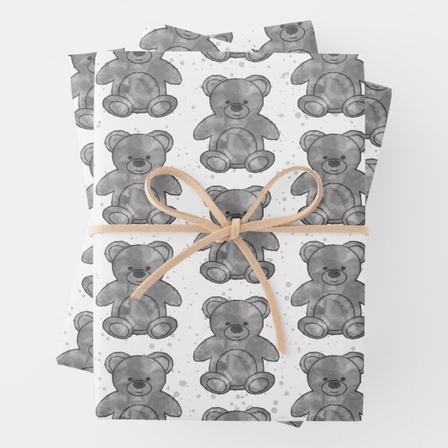 Cute Teddy Bear Black and White Custom Wrapping Paper Sheet (In situ)
