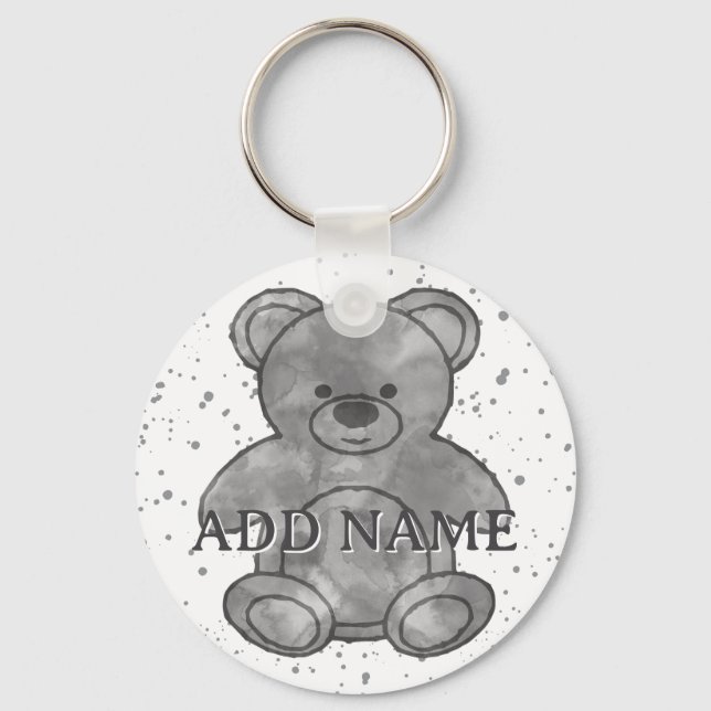 Cute Teddy Bear Black White Watercolor Custom Name Key Ring (Back)