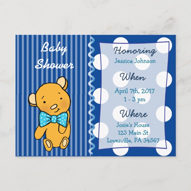 Cute Teddy Bear Blue Baby Shower Invitation Postcard (Front)