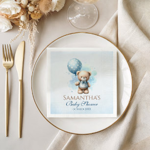 Cute Teddy Bear Blue Balloon Baby Shower Napkin