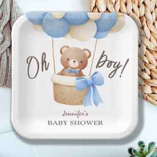 Cute Teddy Bear Blue Balloon Baby Shower  Paper Plate