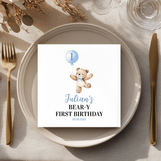 Cute Teddy Bear Blue Balloon Beary Birthday Napkin (Creator Uploaded)