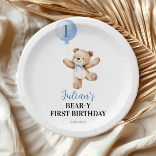 Cute Teddy Bear Blue Balloon Beary Birthday Paper Plate