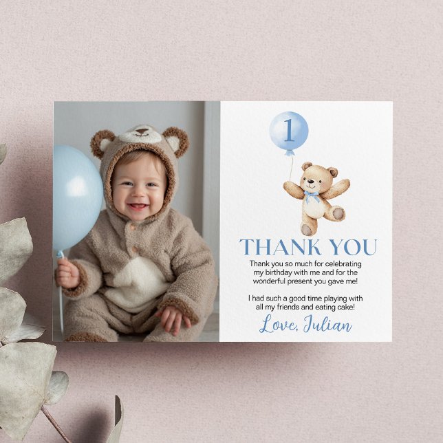 Cute Teddy Bear Blue Balloon Beary Birthday Photo Thank You Card (Creator Uploaded)