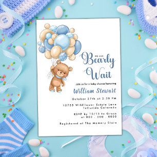 Cute Teddy Bear Blue Balloon Boy Baby Shower Invitation
