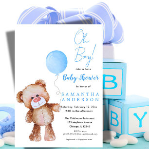 Cute Teddy Bear Blue Balloon Boy Baby Shower Invitation