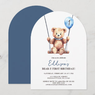 Cute Teddy Bear Blue Balloon First Birthday Invitation