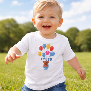 Cute Teddy Bear Blue Balloons Boy Name Baby T-Shirt