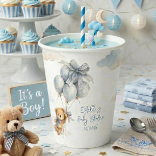 Cute Teddy Bear Blue Balloons Clouds Baby Boy Paper Cups