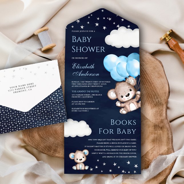 Cute Teddy Bear Blue Balloons Navy Baby Shower All In One Invitation (Creator Uploaded)