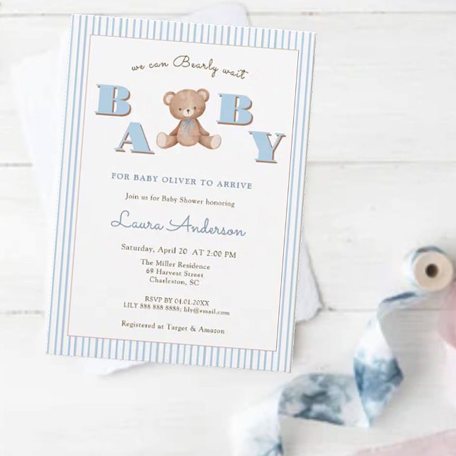 Cute Teddy Bear Blue Boy Baby shower Invitation (Creator Uploaded)