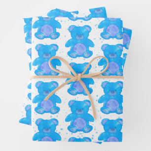 Cute Teddy Bear Blue Custom Wrapping Paper Sheet