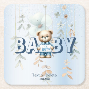 Cute Teddy Bear Blue Floral Beautiful Party Square Paper Coaster