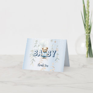 Cute Teddy Bear Blue Floral Beautiful Party Thank You Card