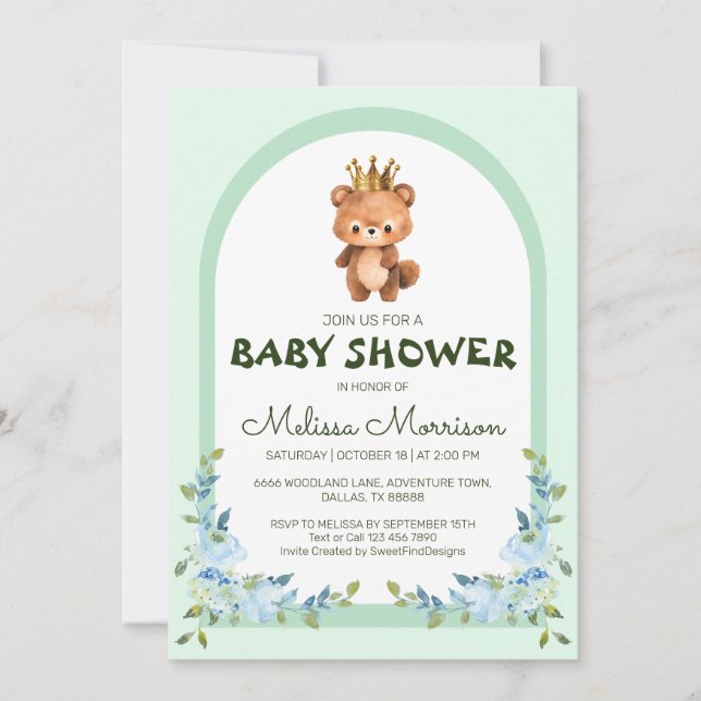Cute Teddy Bear Blue Flower Baby Shower Invitation (Front)