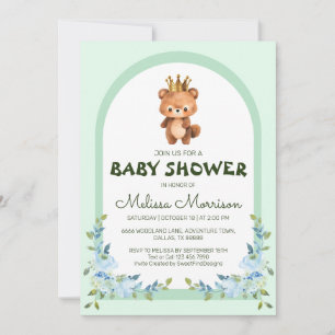 Cute Teddy Bear Blue Flower Baby Shower Invitation