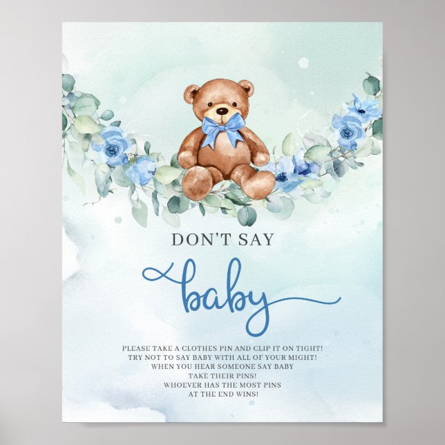 Cute teddy bear blue flowers don't say baby game poster (Front)